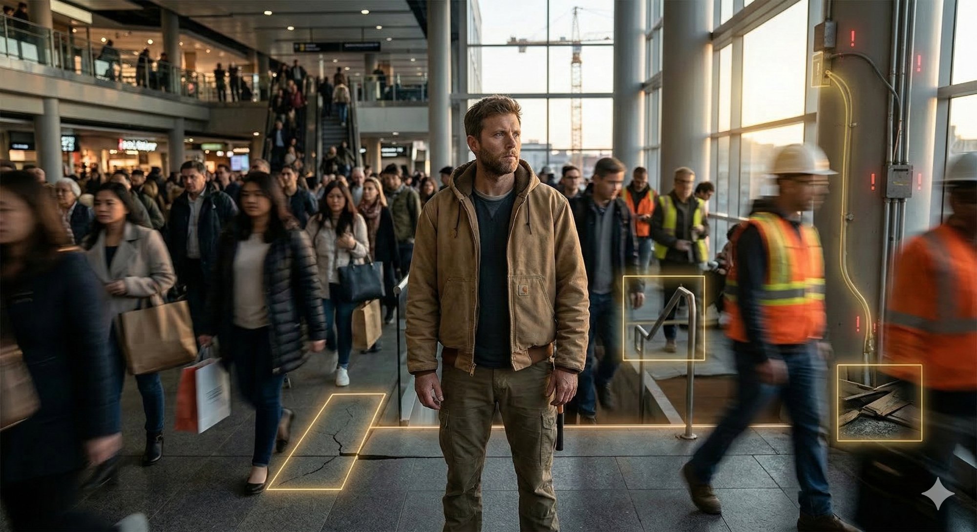 A construction worker standing still in a busy public space, alert while the crowd moves past — hazard markers glowing around him