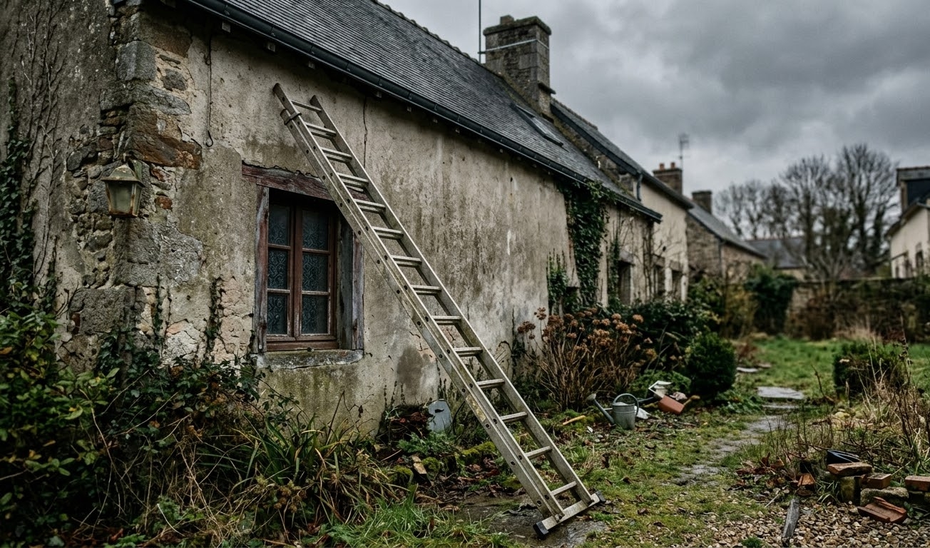 An aluminium ladder leaning against an old European house at a steep angle — no one in sight, overcast sky