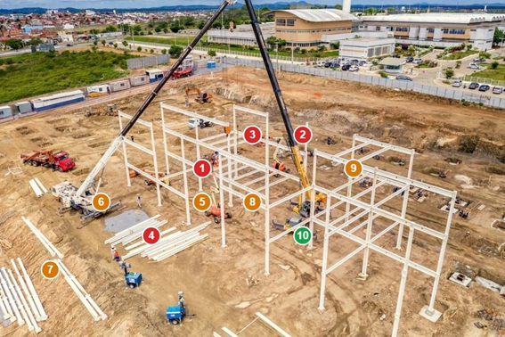 Steel frame erection with crane